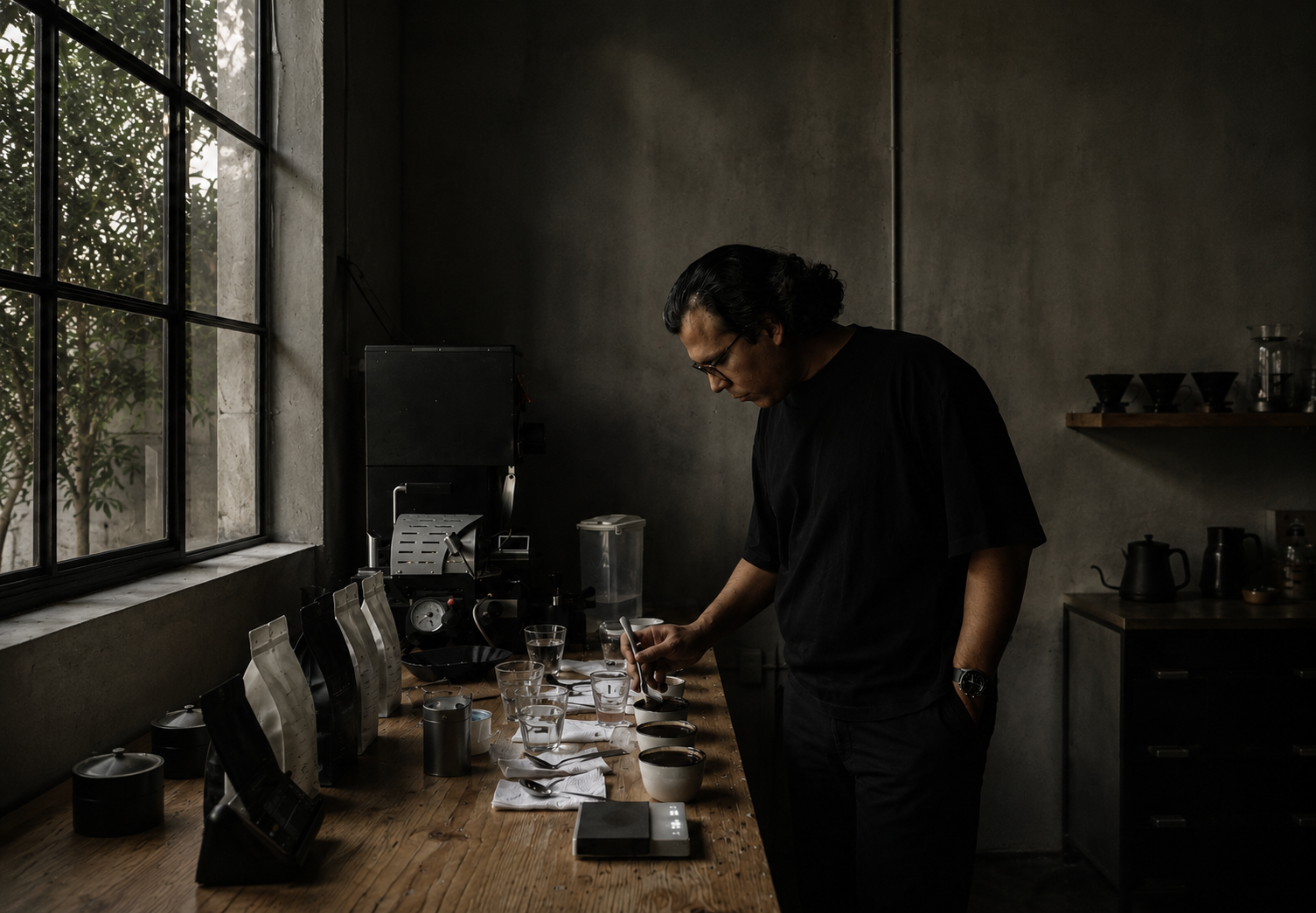 Miguel, tostador de W Coffee Works, catando café en el laboratorio de Guadalajara